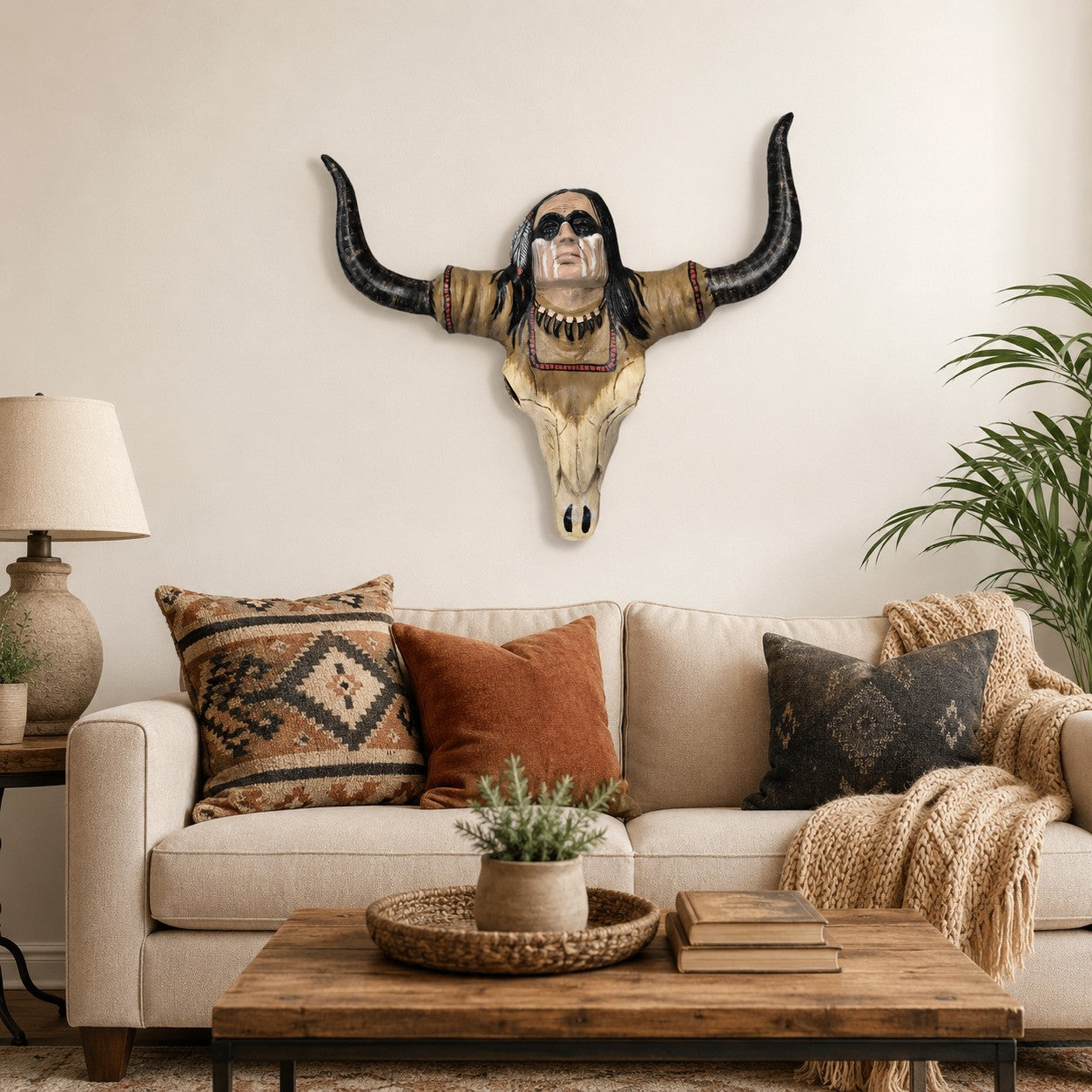 Cast aluminum bull skull wall decor with Native American face paint and feather headdress