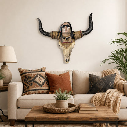 Cast aluminum bull skull wall decor with Native American face paint and feather headdress