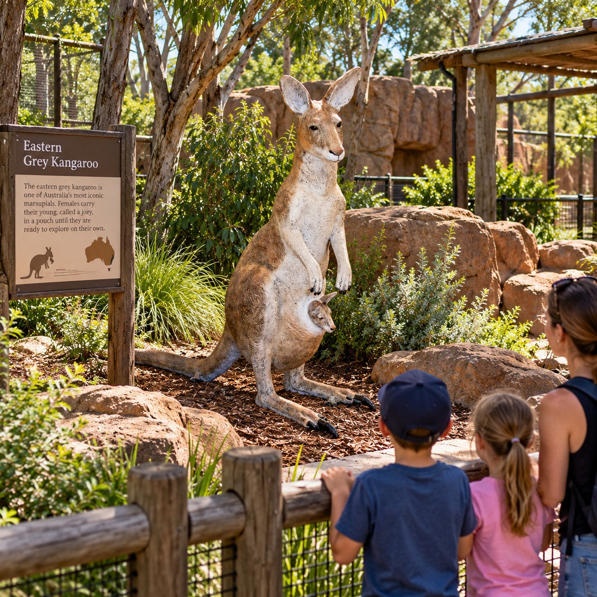 Cast aluminum kangaroo with baby statue for any outdoor design space.