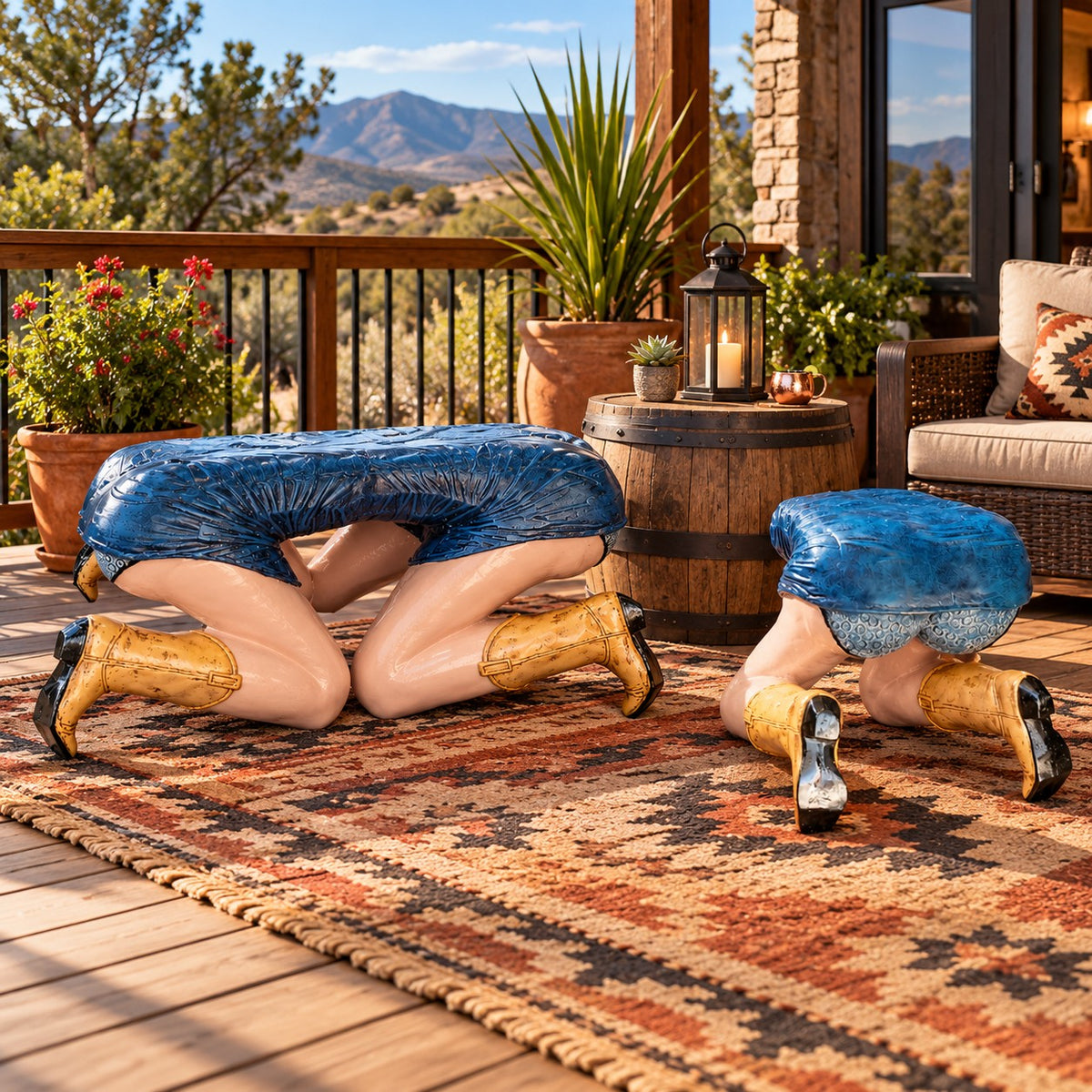 Two novelty kneeling stools shaped like women in blue skirts and yellow cowboy boots arranged on a wooden deck with a mountain background.