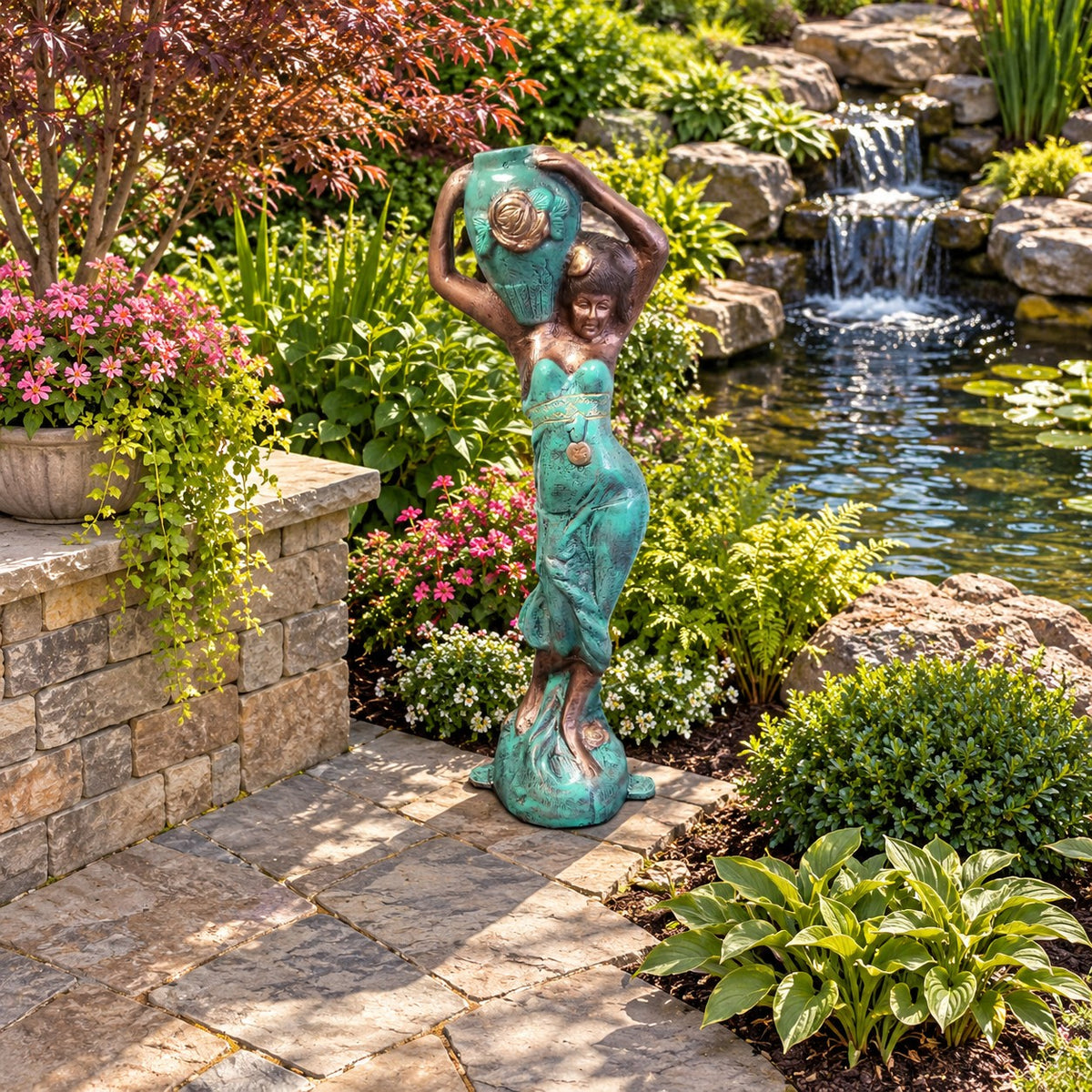 Cast aluminum lady with a pot on her shoulder for outdoor garden spaces