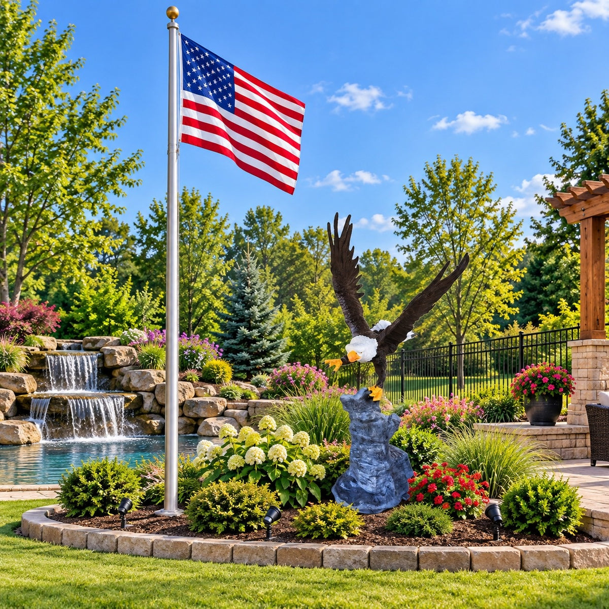 Cast aluminum bald eagle statue with outstretched wings perched on rock base for yard decor