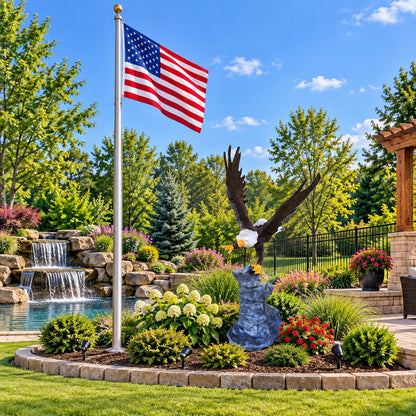 Cast aluminum bald eagle statue with outstretched wings perched on rock base for yard decor