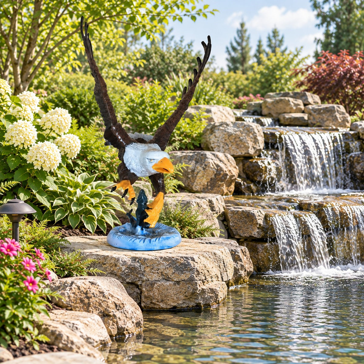 A decorative eagle statue with spread wings and a blue circular base, placed outdoors beside a stone waterfall and pond in a landscaped garden.