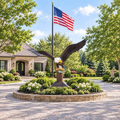 Cast aluminum eagle statue with wings spread, perched on tree stump base for yard or home decor.