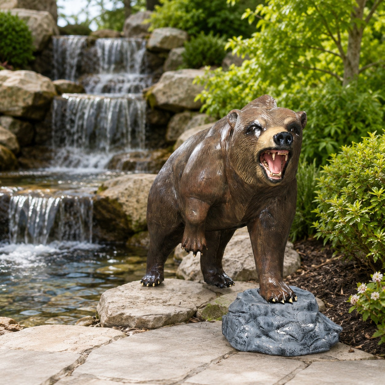 Cast aluminum bear statue roaring on rock base, outdoor yard decor