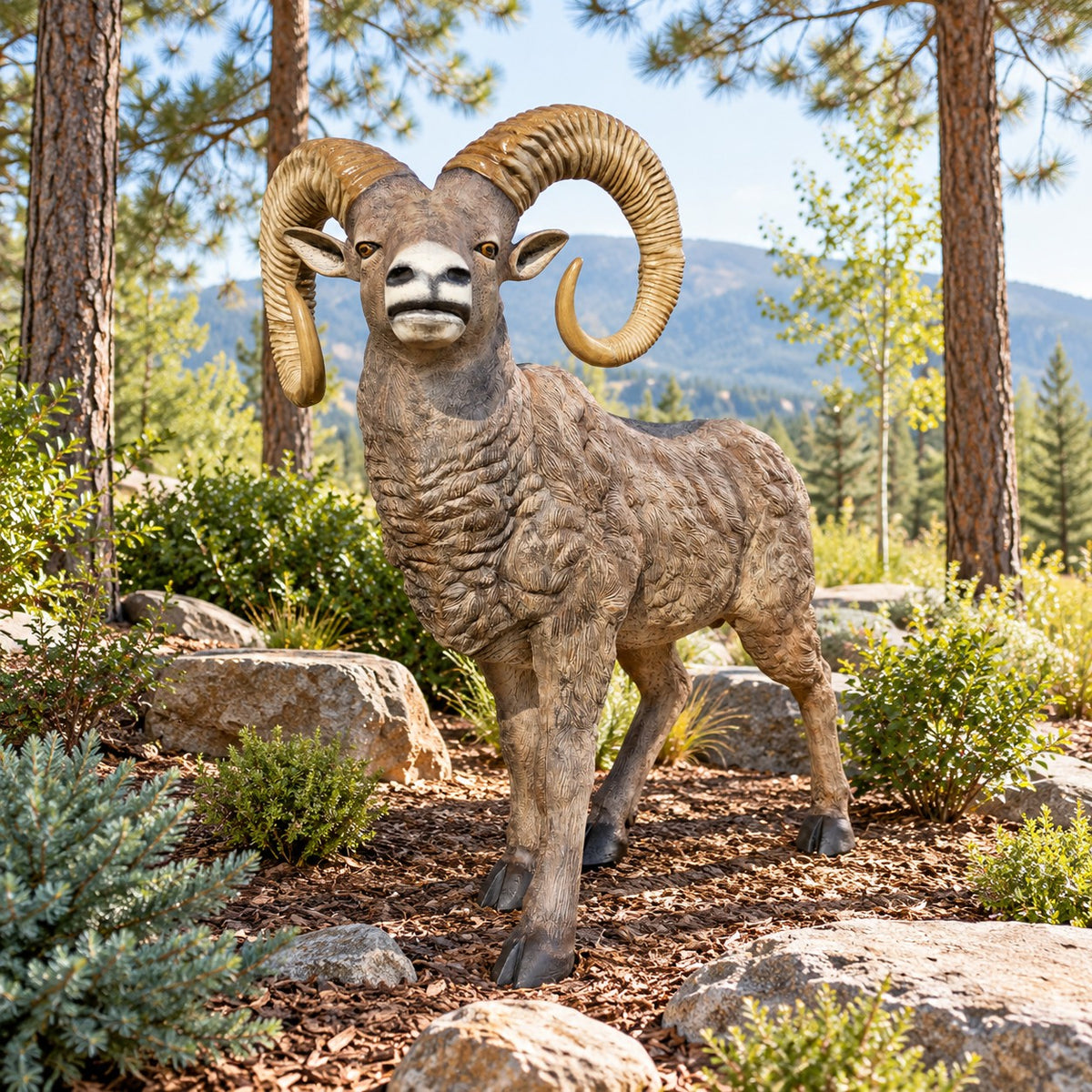 Cast aluminum large mountain ram for outdoor display spaces