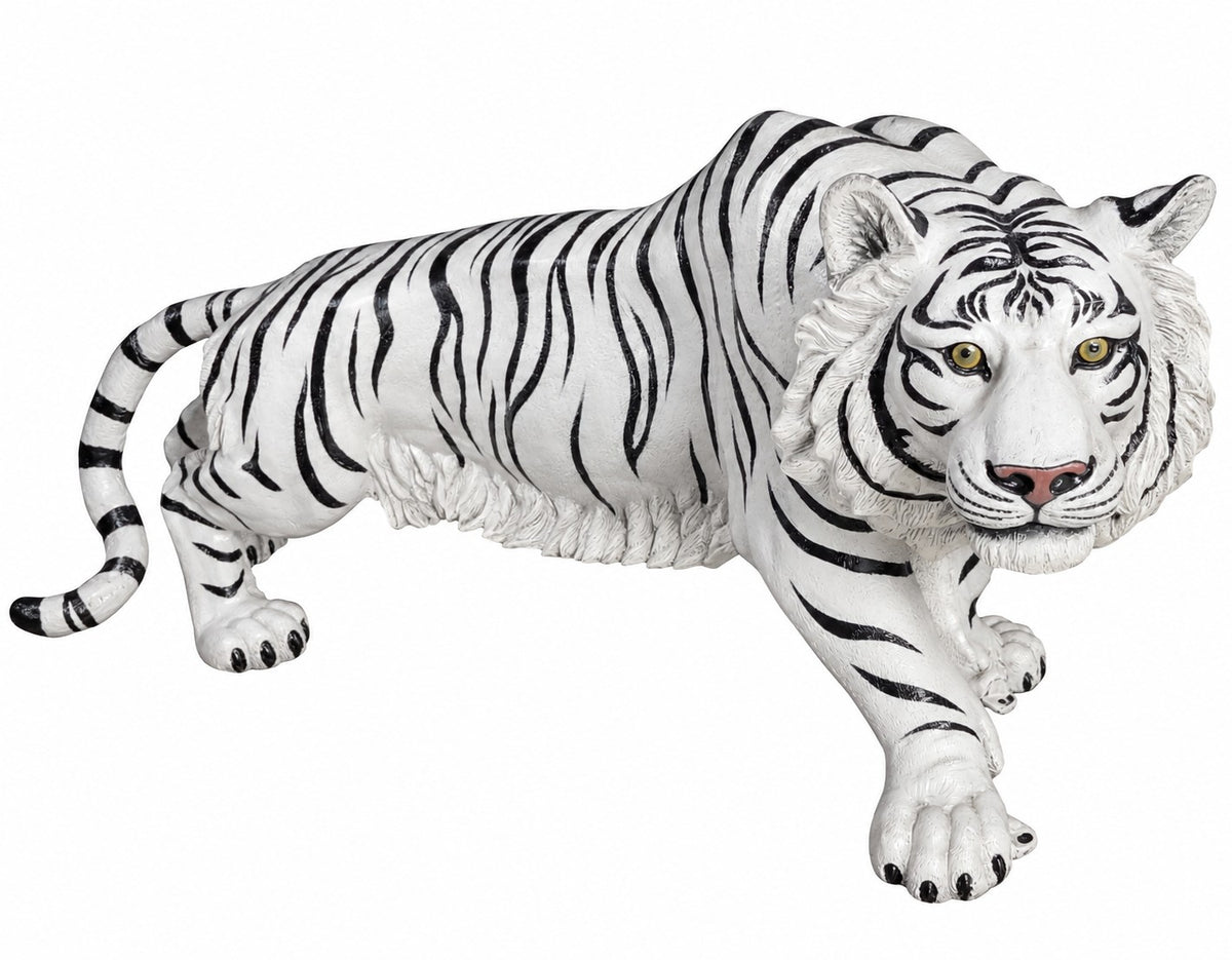 Large cast aluminum white tiger for dramatic indoor or outdoor design spaces