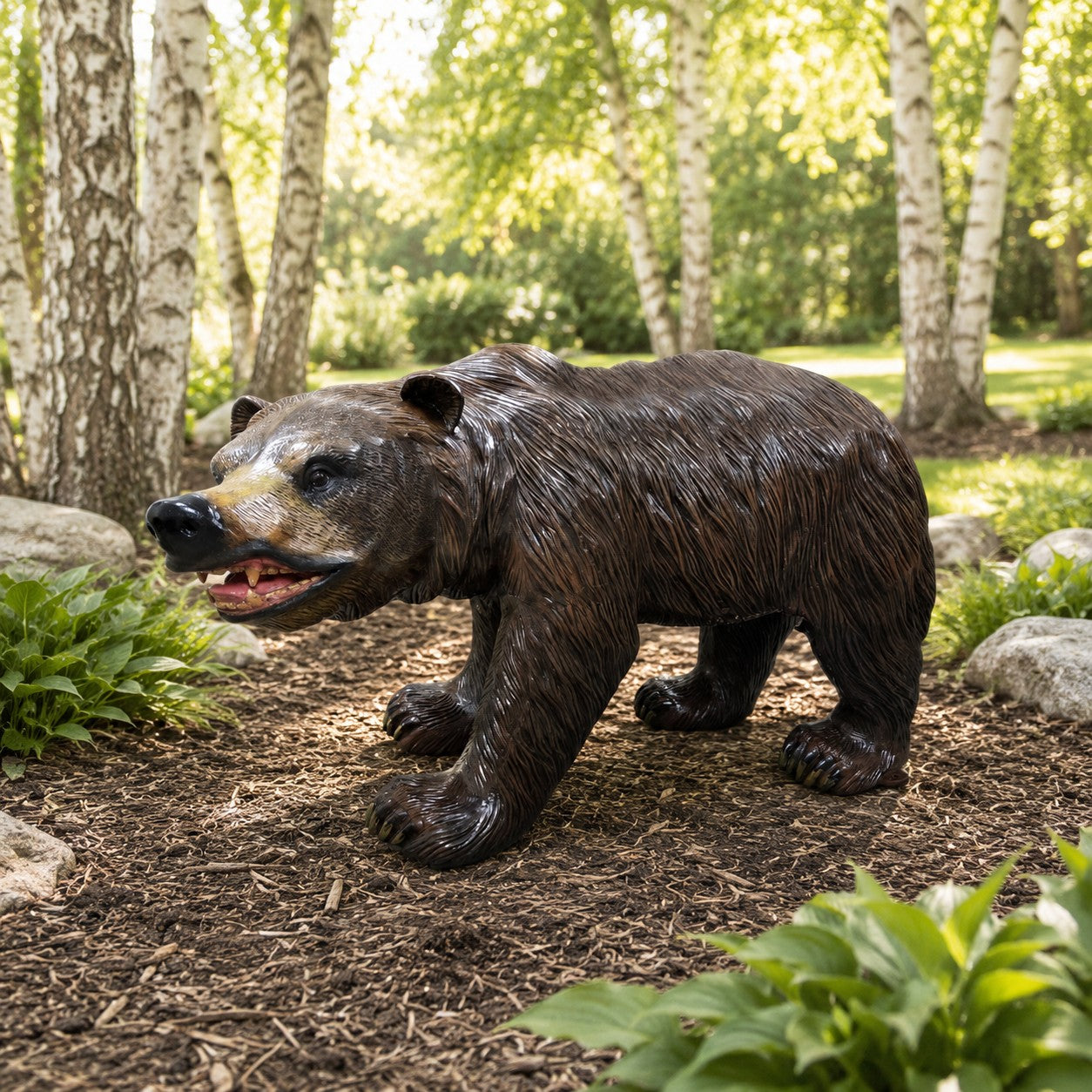Cast aluminum bear statue with detailed fur and open mouth, perfect for yards, cabin sites, and more!