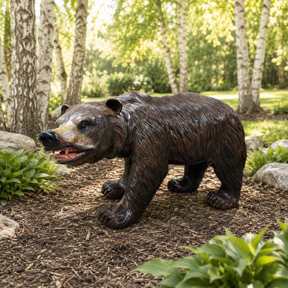 Cast aluminum bear statue with detailed fur and open mouth, perfect for yards, cabin sites, and more!