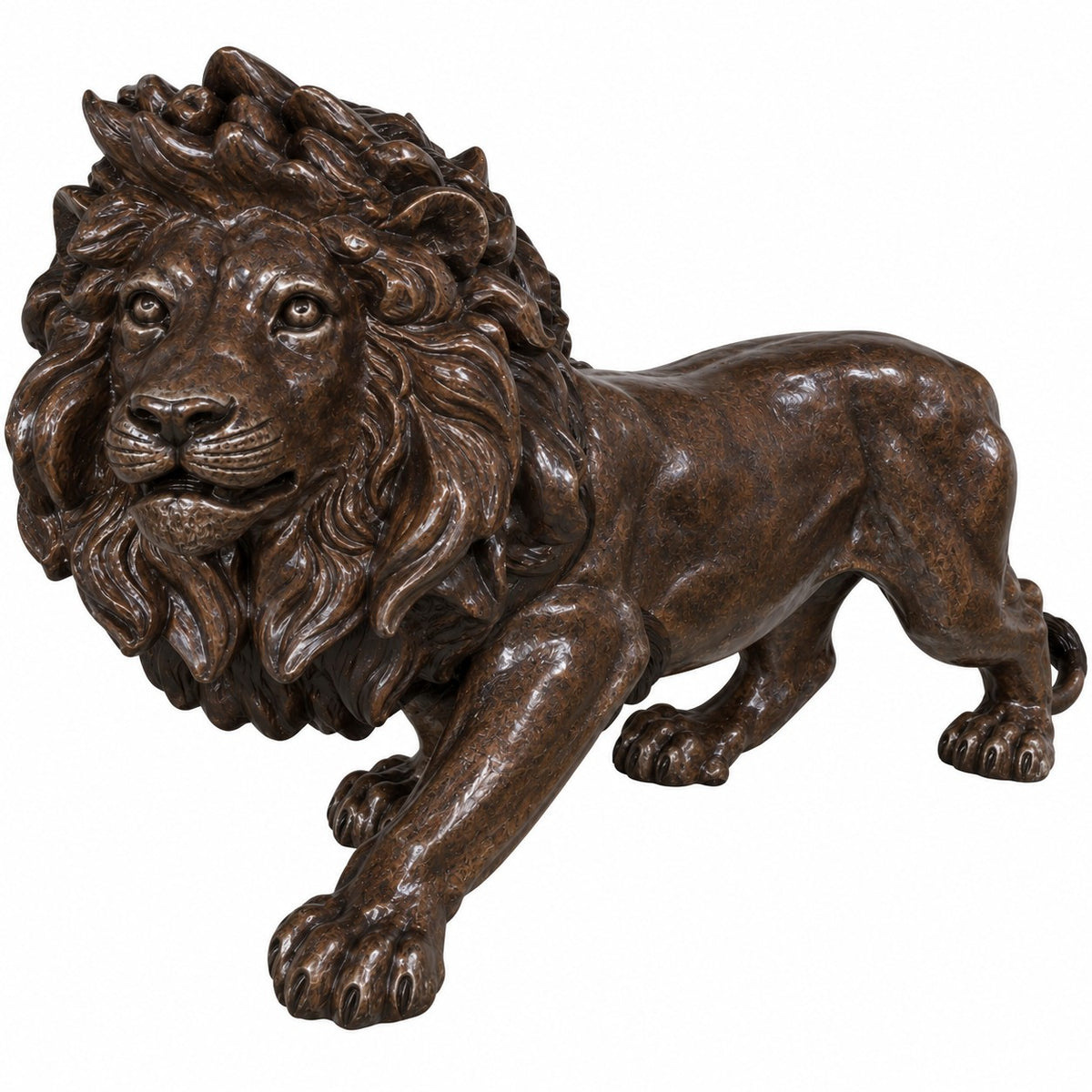 Cast aluminum lion statue with detailed mane, perfect for residential or commercial use.
