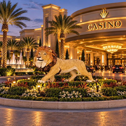 Cast aluminum lion statue with detailed mane, perfect for residential or commercial use.