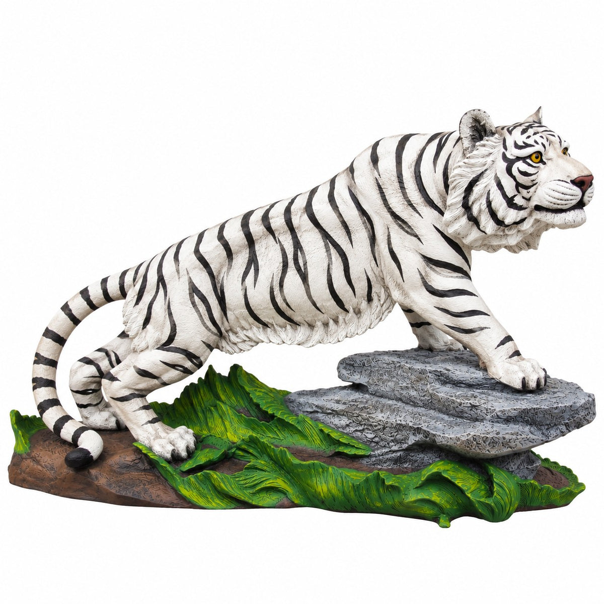 Large cast aluminum tiger on rock for dramatic design spaces
