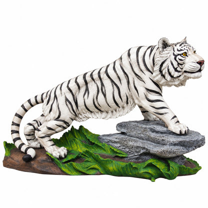 Large cast aluminum tiger on rock for dramatic design spaces