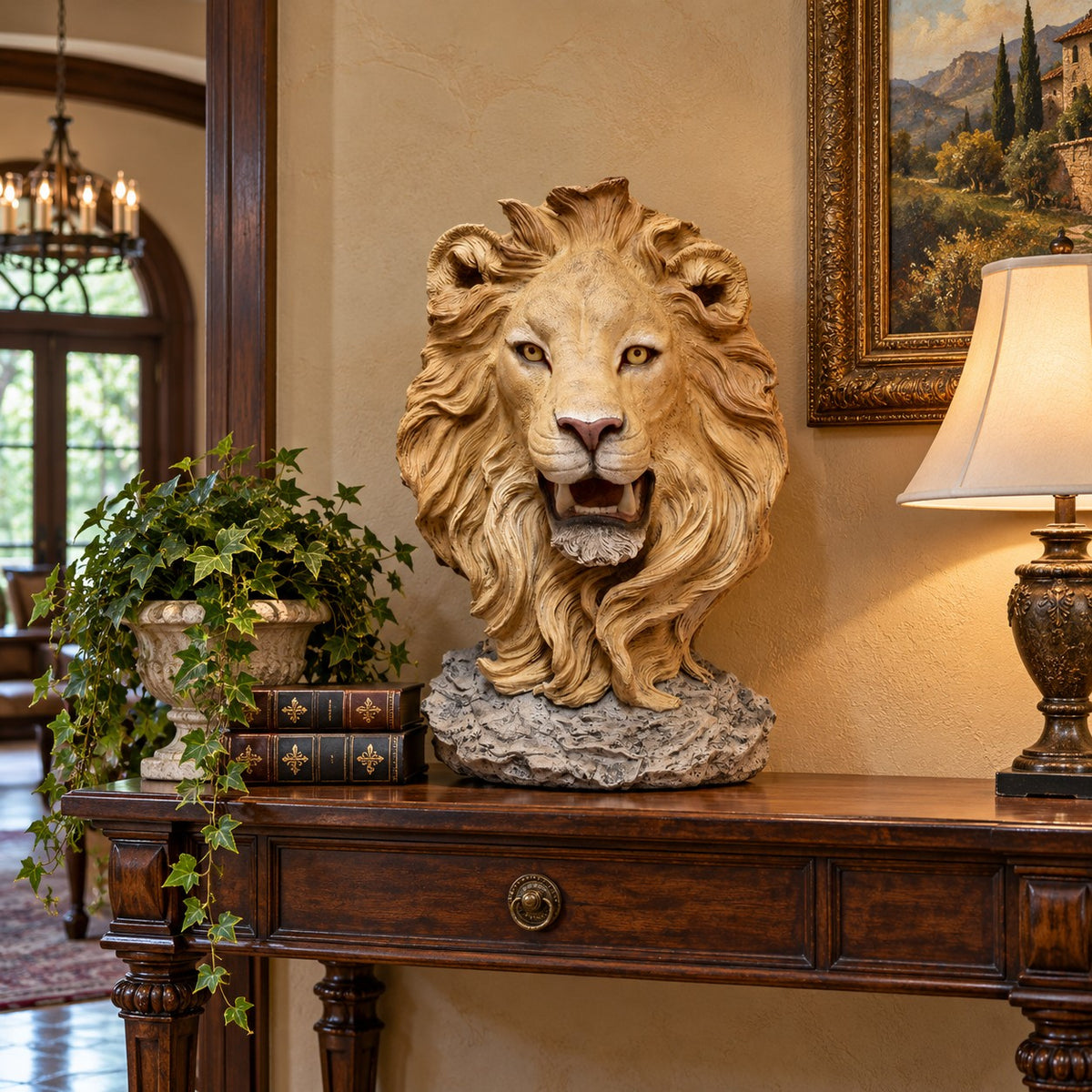 Cast aluminum lion head bust statue