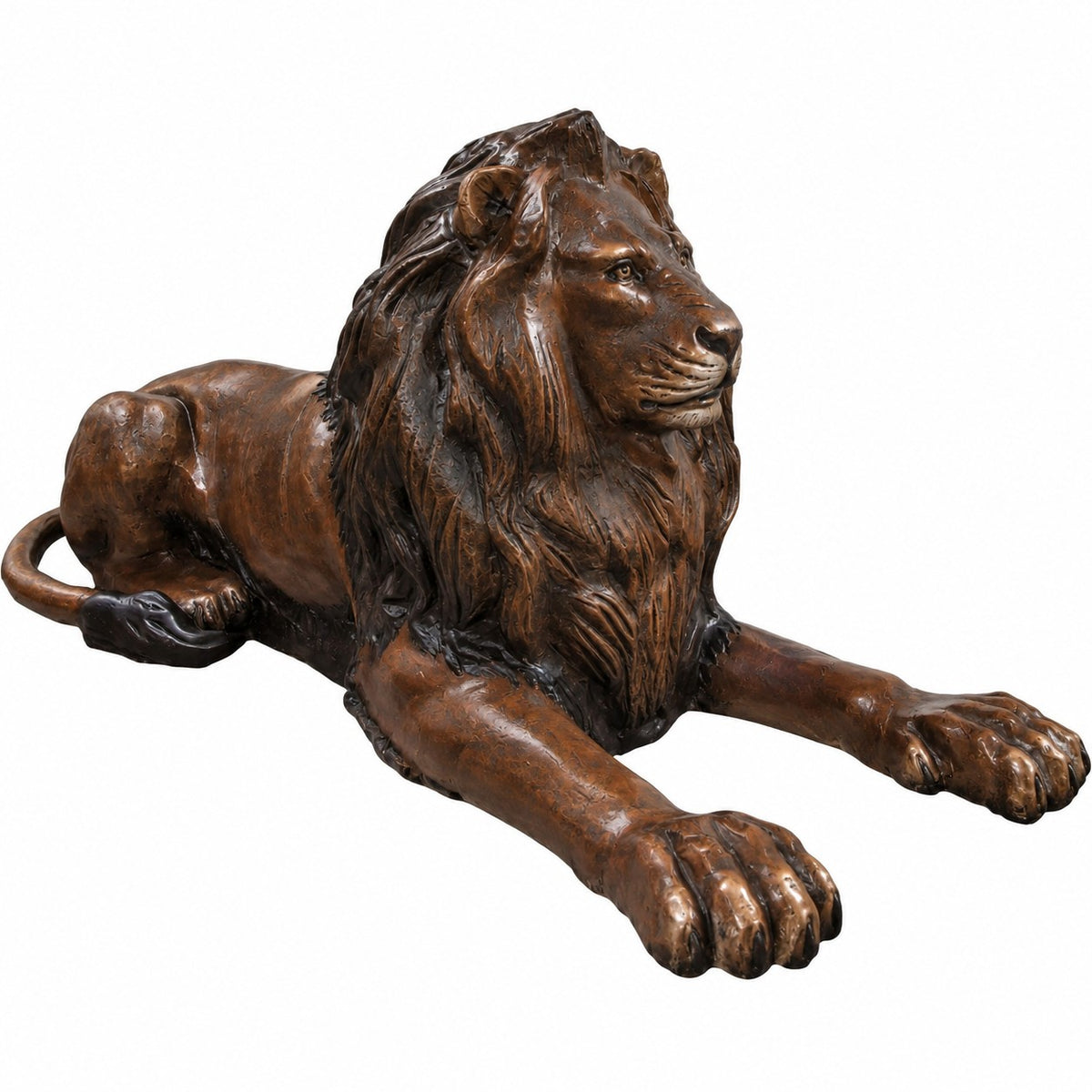 Cast aluminum lion king statue in bronze finish for residential or commercial use.