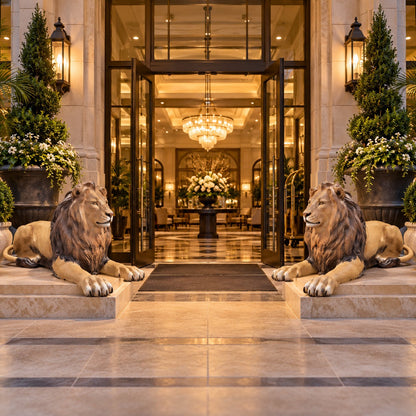 Cast aluminum lion king statue in natural colors for residential or commercial use.