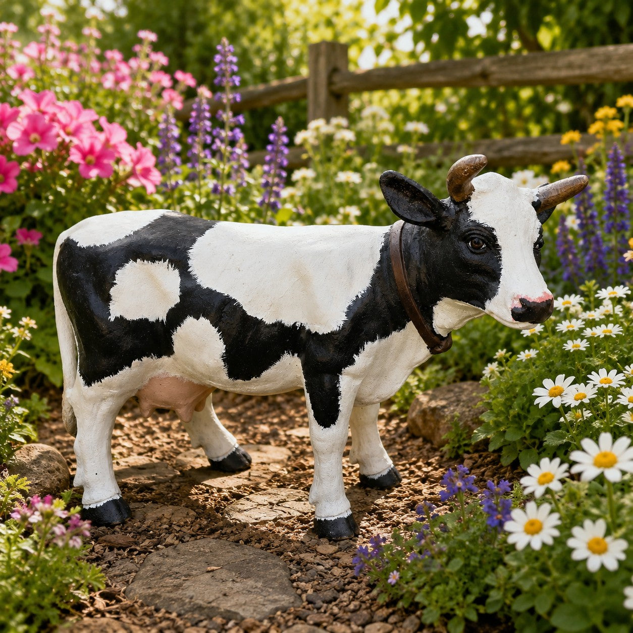 Cast aluminum cow statue with black and white spots, horns, and collar for yard or home decor