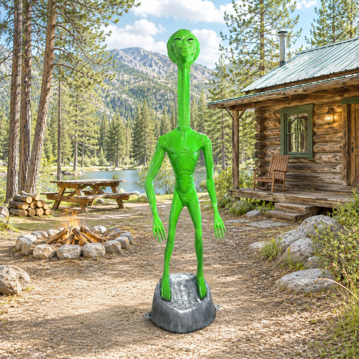 Cast aluminum long neck alien on rock base.  Great addition to cabin sites and more!