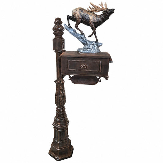 Cast aluminum mailbox with elk going down a rock