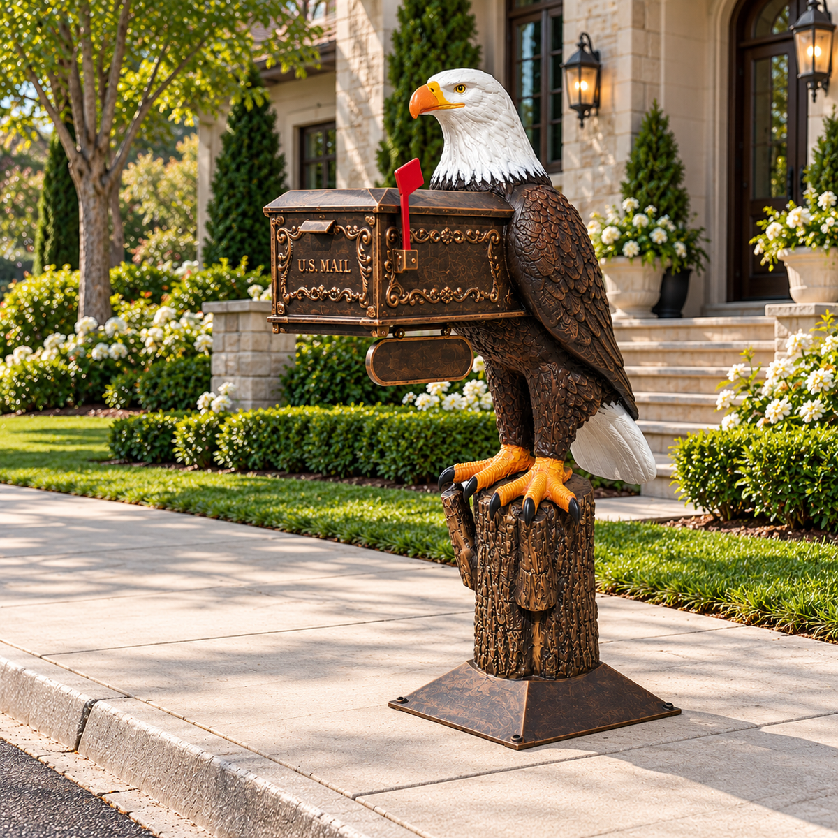 cast aluminum mailbox with XL eagle on a stump
