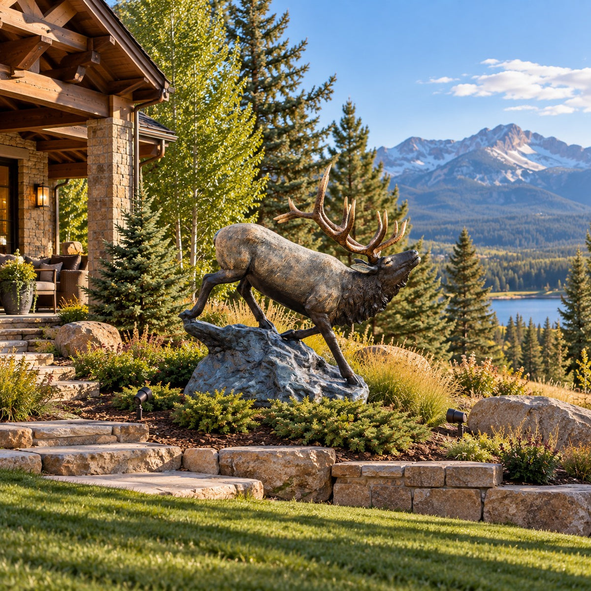Cast aluminum elk statue with detailed antlers, perfect for yard or home decor