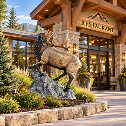 Cast aluminum elk statue with detailed antlers, standing on rocky base for yard or home decor
