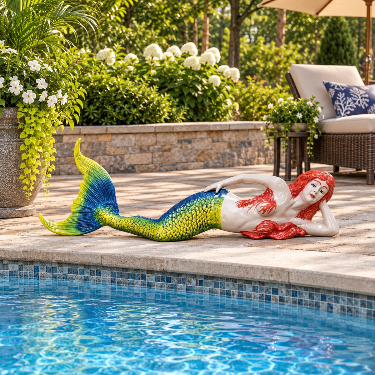Colorful mermaid statue with red hair and blue-green tail, perfect for garden or yard decor