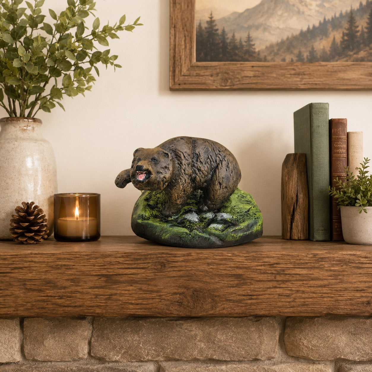 Cast aluminum bear statue with open mouth, standing on green mossy base for yard or home decor