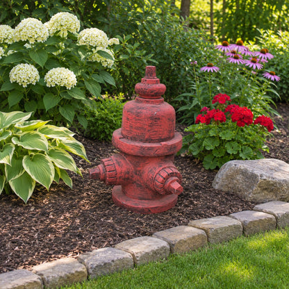 Red cast aluminum fire hydrant statue for yard or home decor, rustic finish, outdoor accent piece