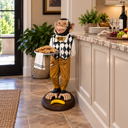 Statue of a monkey butler in a checkered vest and bow tie holding a tray, with a banana.  Can be displayed indoors or outdoors.