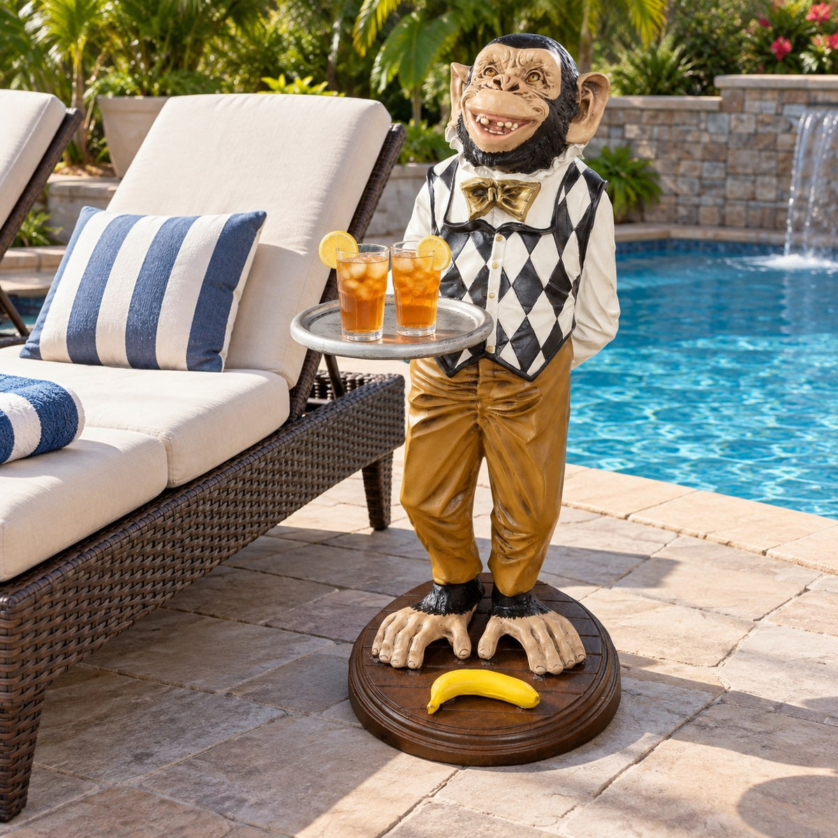 Statue of a monkey butler in a checkered vest and bow tie holding a tray, with a banana.  Can be displayed indoors or outdoors.