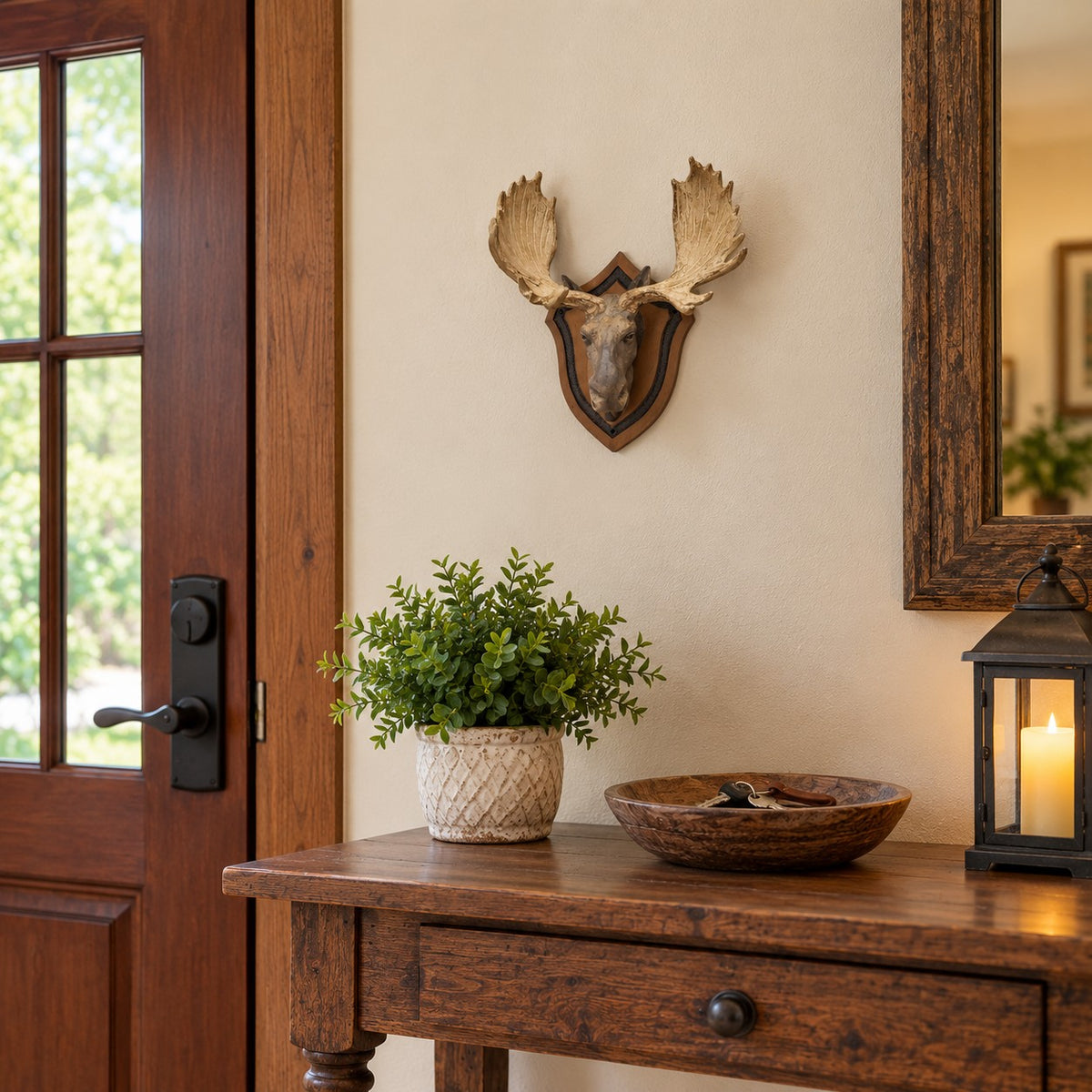 Cast aluminum moose head wall decor with rustic shield mount for home or yard