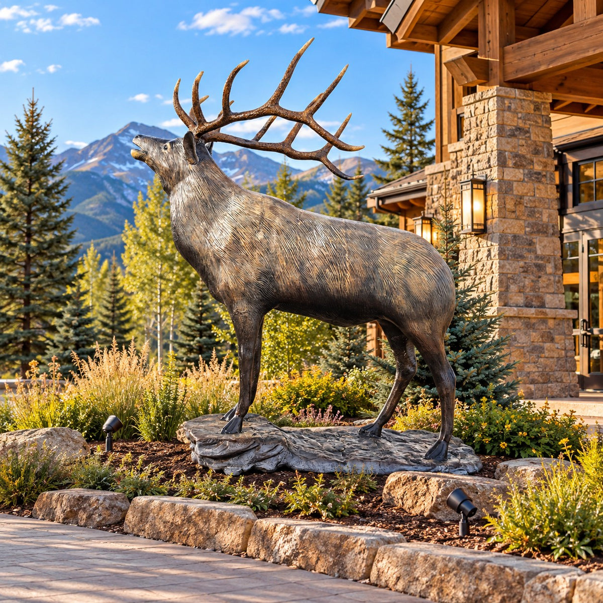 Cast aluminum mountain elk statue for outdoor residential or commercial use.