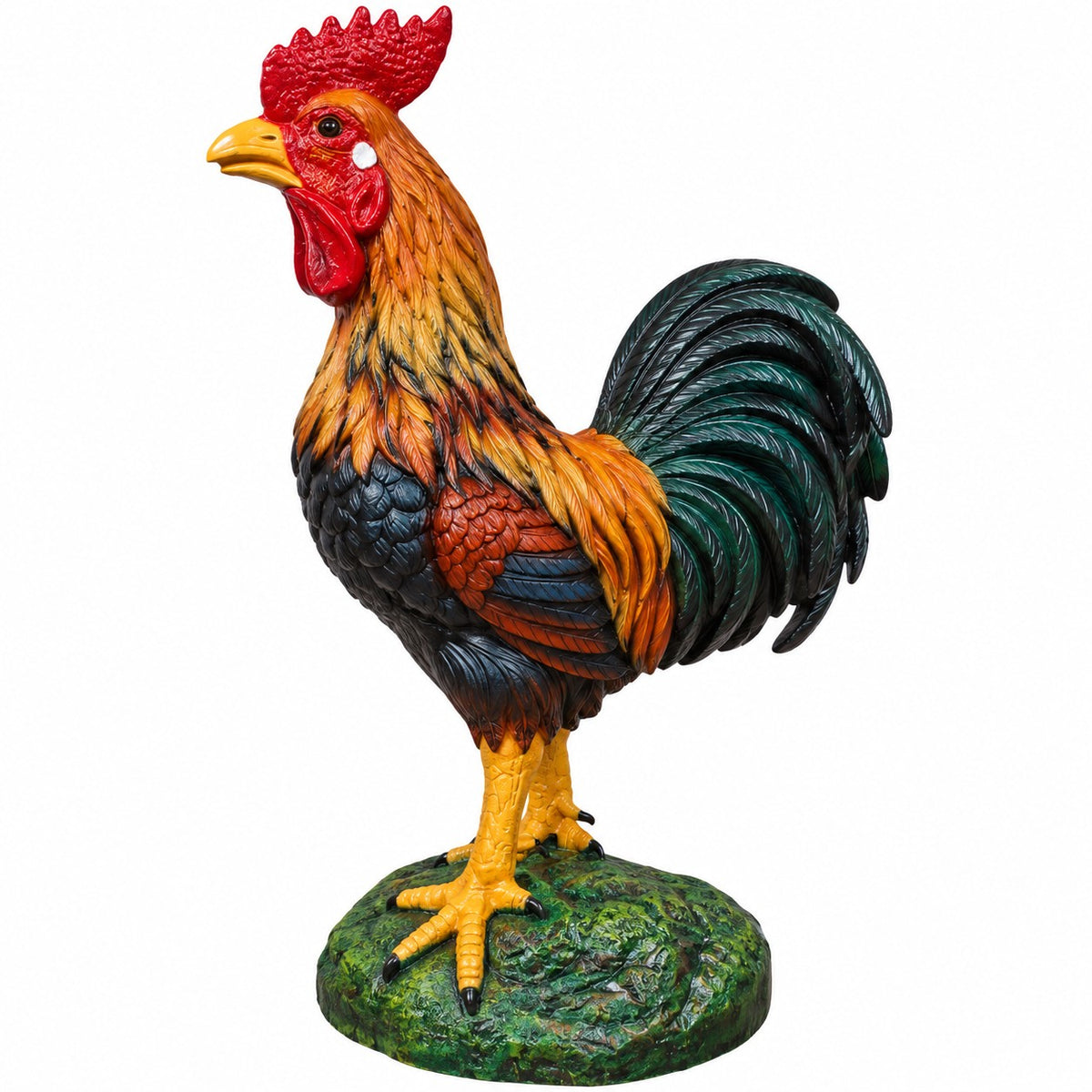 A decorative rooster figurine standing on a textured green base, with a red comb and wattle, yellow beak and legs, and black, orange, and green feathered body, isolated on a white background.