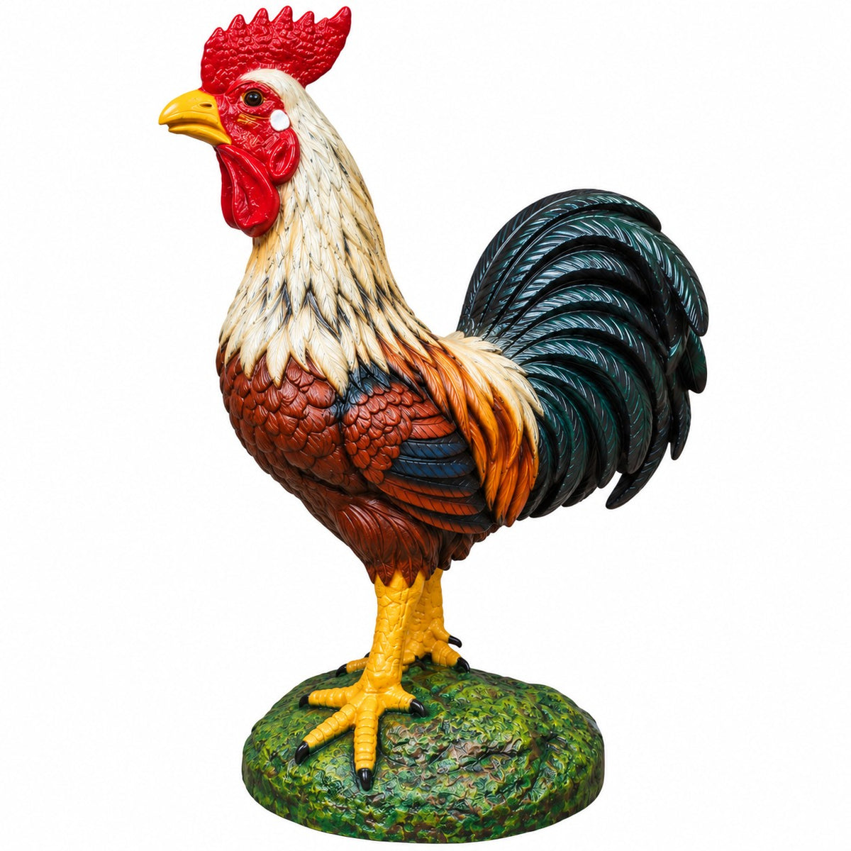 A decorative rooster figurine standing on a textured green base, shown against a plain white background. The rooster has a red comb and wattle, cream and white feathers on its neck, reddish-brown and orange feathering on its body, a dark blue-black tail, and yellow legs and beak.