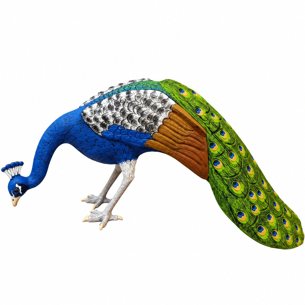 Cast aluminum peacock statue for garden or yard decor, vibrant blue and green with detailed feathers