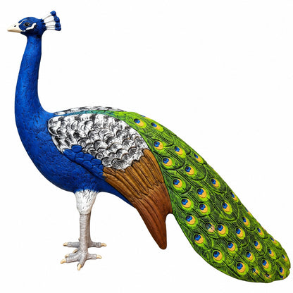 Cast aluminum peacock statue for garden or yard decor, vibrant blue and green with detailed feathers