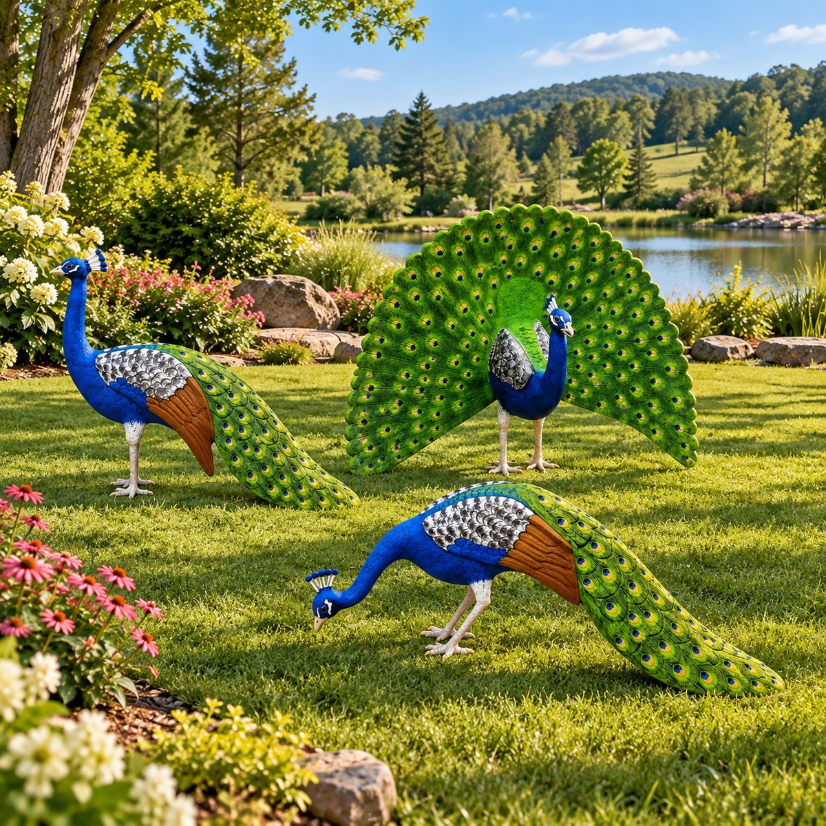 Cast aluminum peacock statues for garden or yard decor, vibrant blue and green with detailed feathers