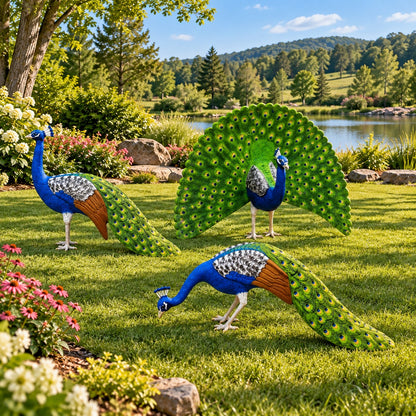 Cast aluminum peacock statues for garden or yard decor, vibrant blue and green with detailed feathers
