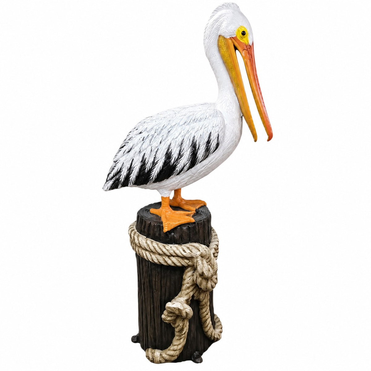 Cast aluminum pelican statue perched on rope-wrapped post for yard or home decor