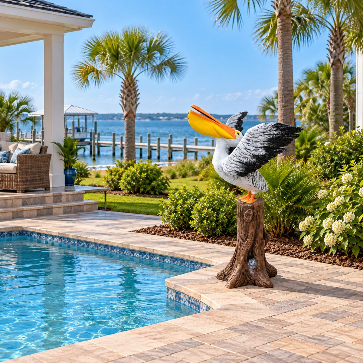 A decorative pelican garden statue perched on a tree stump, placed beside a swimming pool in a landscaped backyard with palm trees, shrubs, and a waterfront view.