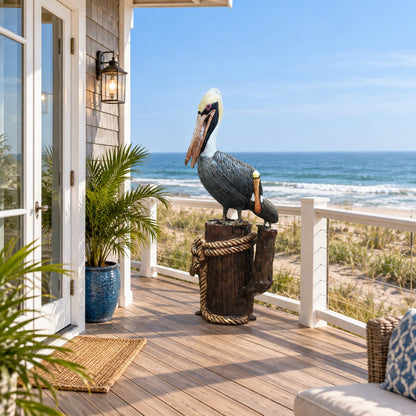 Cast aluminum pelican statue perched on wooden post with rope, outdoor yard decor