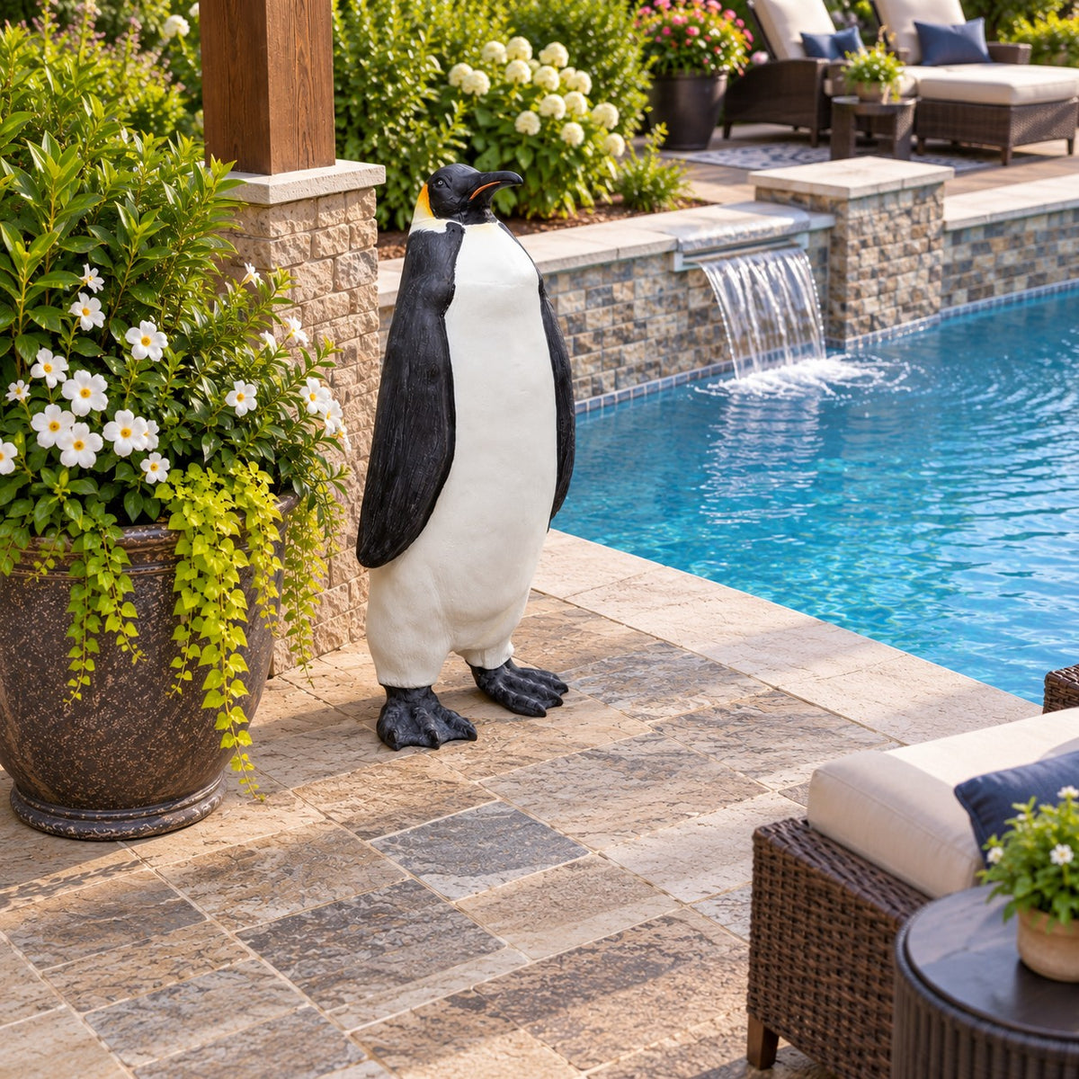 Cast aluminum penguin statue for yard or home decor, black and white with orange beak