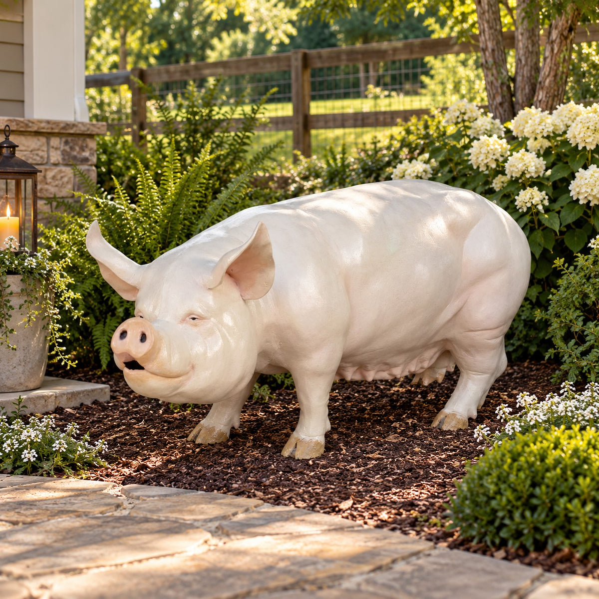 White cast aluminum pig statue for yard or home decor, detailed craftsmanship