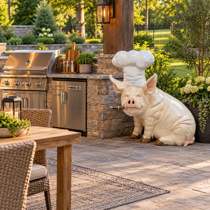Cast aluminum pot-bellied pig with a cigar and chef hat for residential or commercial displays.