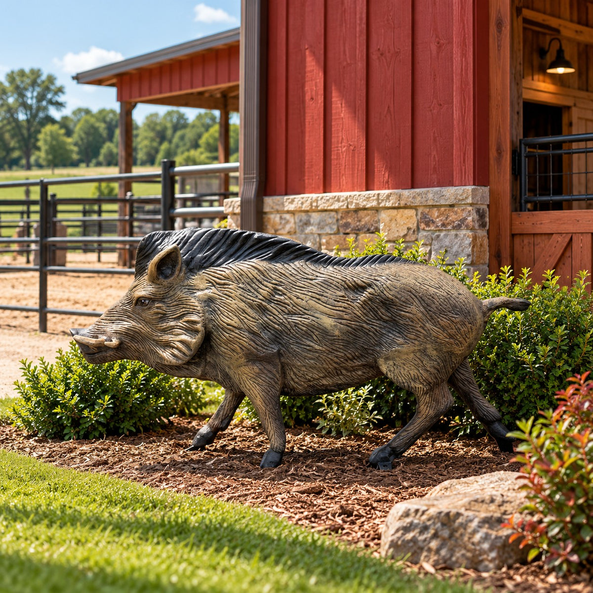 Cast aluminum wild boar statue for yard or home decor, detailed texture and natural pose