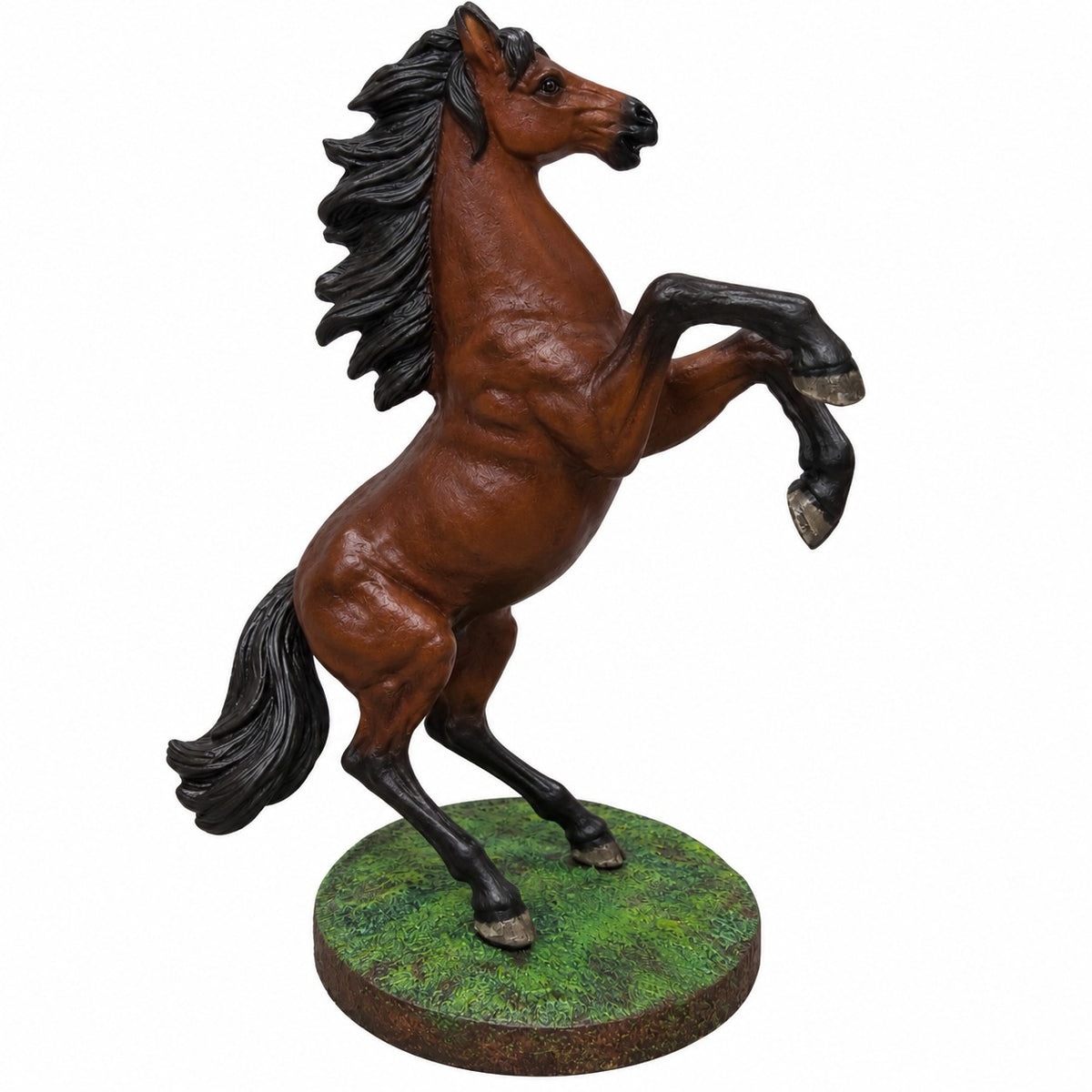 Cast aluminum dark brown rearing horse with black mane