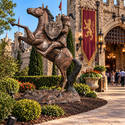 Cast aluminum rearing mustang with knight for resident/commercial use perfect for midlevel-themed outdoor decor.