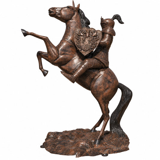 Cast aluminum rearing mustang with knight for resident/commercial use perfect for midlevel-themed outdoor decor.